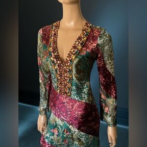 MARYL. COUTURE MULTICOLOR SILK BEJEWELED W BEADS & WOOD FULLY LINED DRESS Sz 4